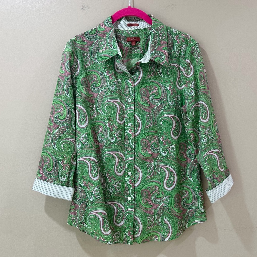 Talbots Haberdashery Green Pink Paisley Wrinkle Resistant Button Shirt Womens 8